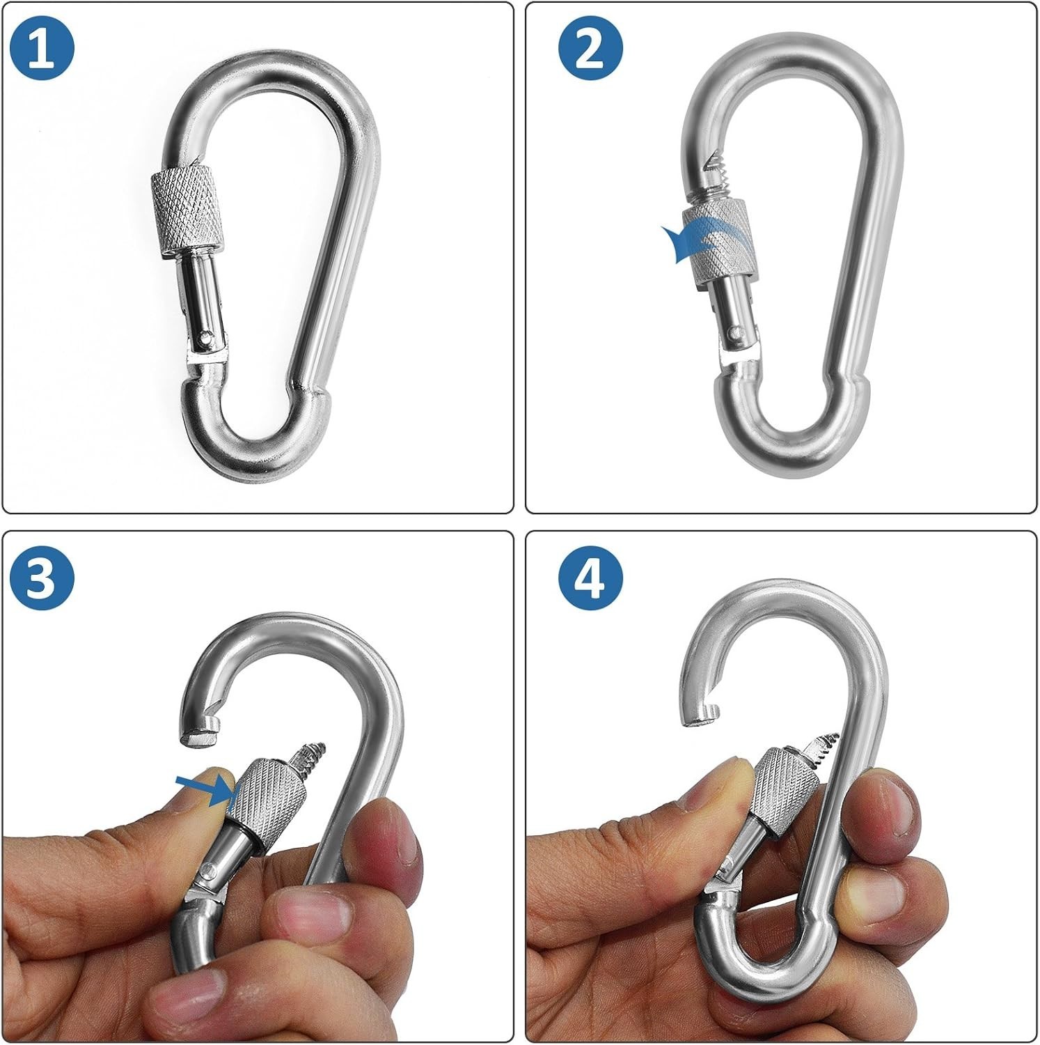 Durable Chrome Plated Locking Carabiners - 4 Pack for Camping & Everyday Tools