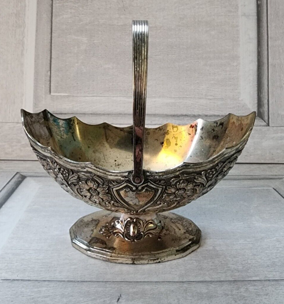 Heavy metal silvertone decorated handled basket with original label Japan