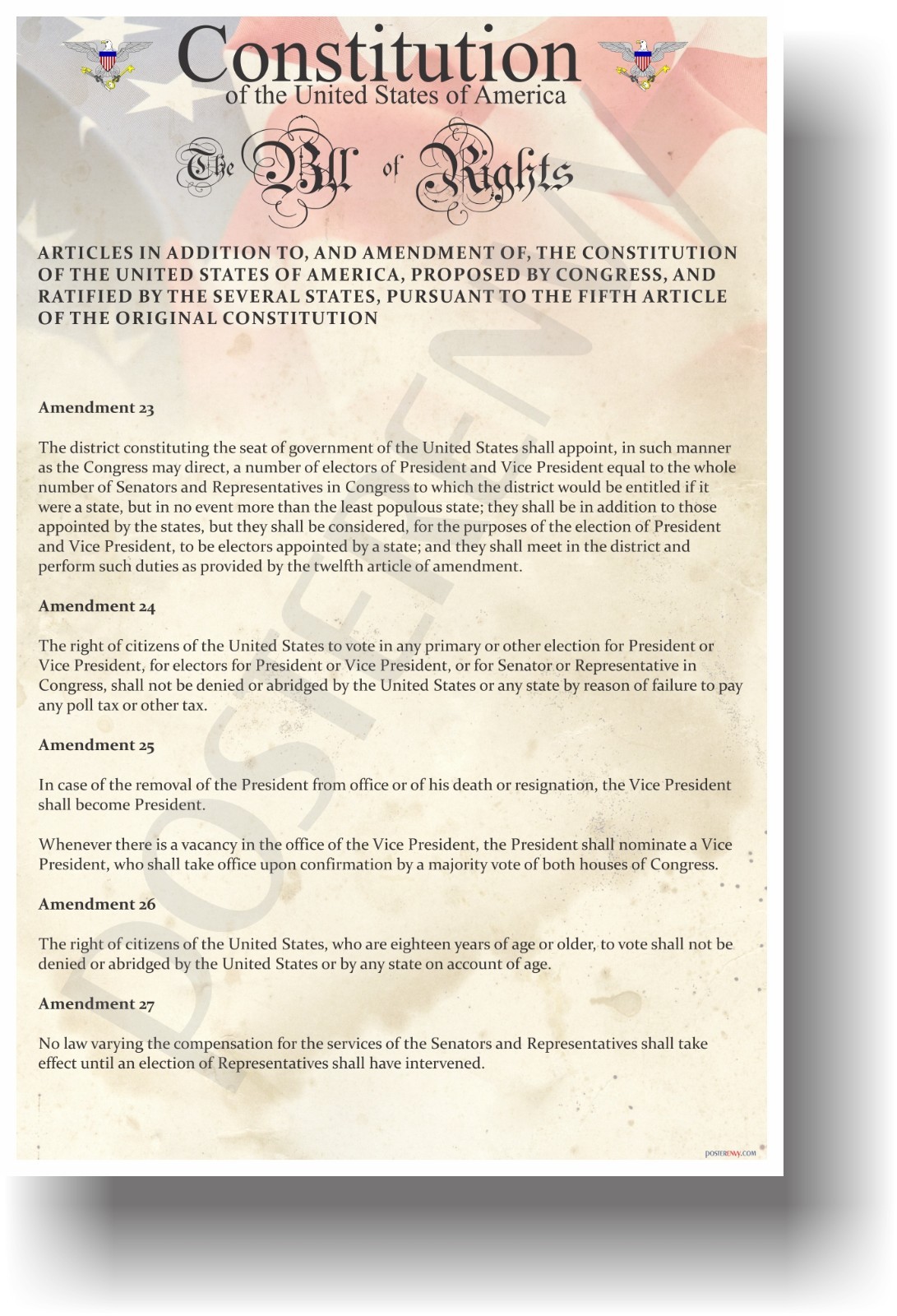 The U.S. Constitution - The Bill of Rights Amendments 23-27 - US History POSTER