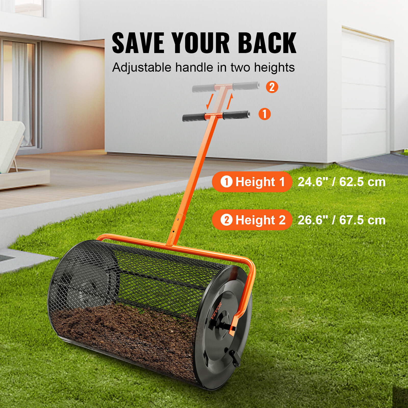 VEVOR Compost Spreader Peat Moss Spreader 24" Wide 24.4-26.4" Height Adjustable