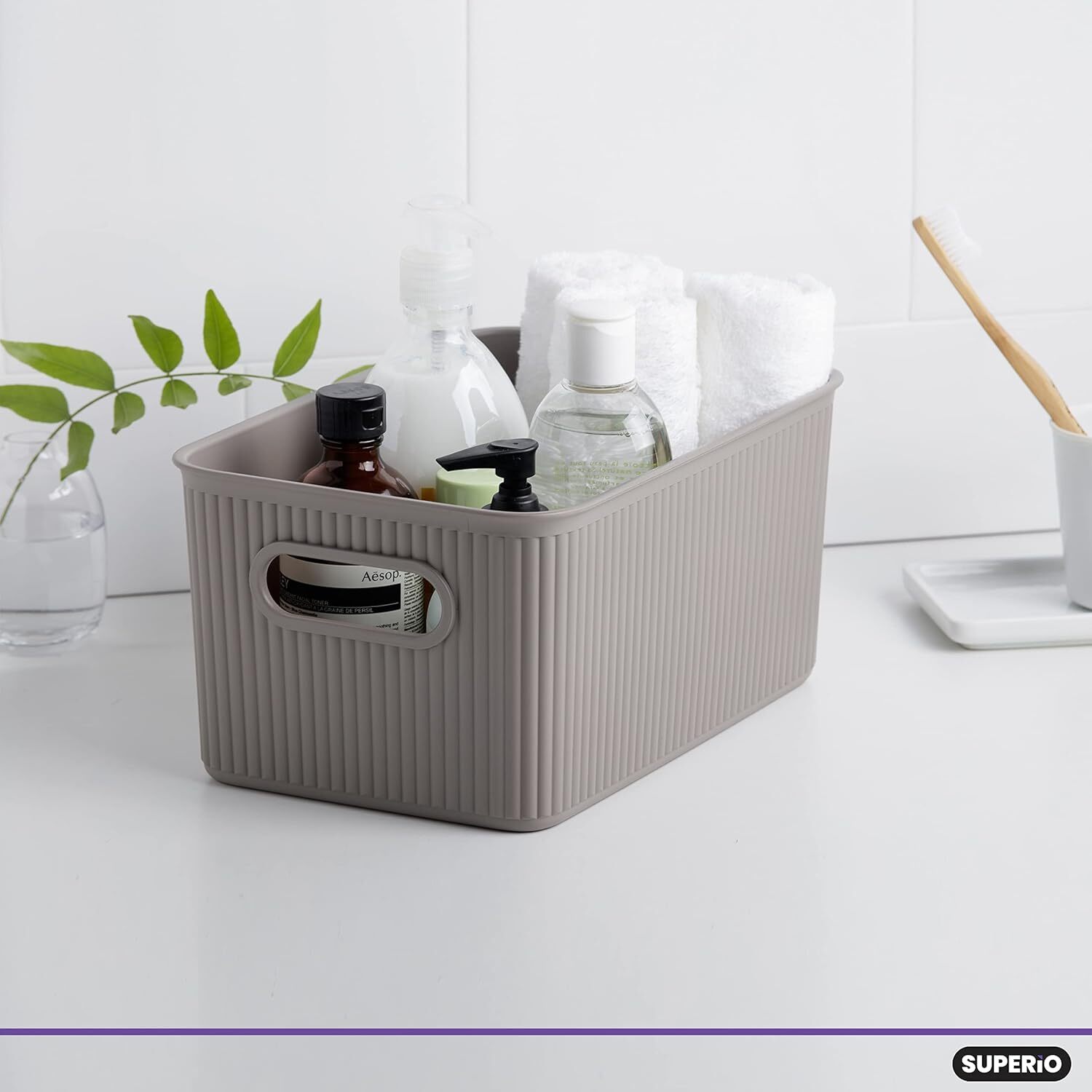 Superio 5L Small Ribbed Storage Bin- Plastic Storage Bin (2 Pack, Taupe)