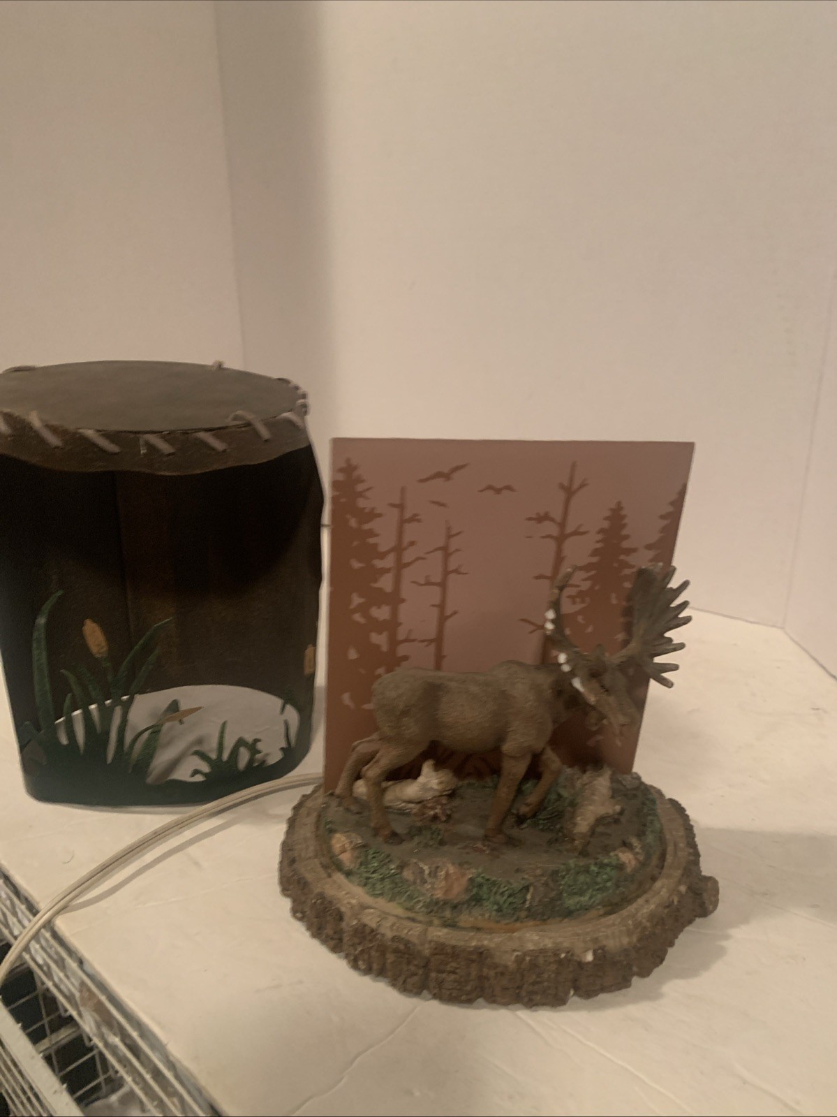 Night Light Light Up Rustic Woods Trees Moose Cattails Stump 7.5”
