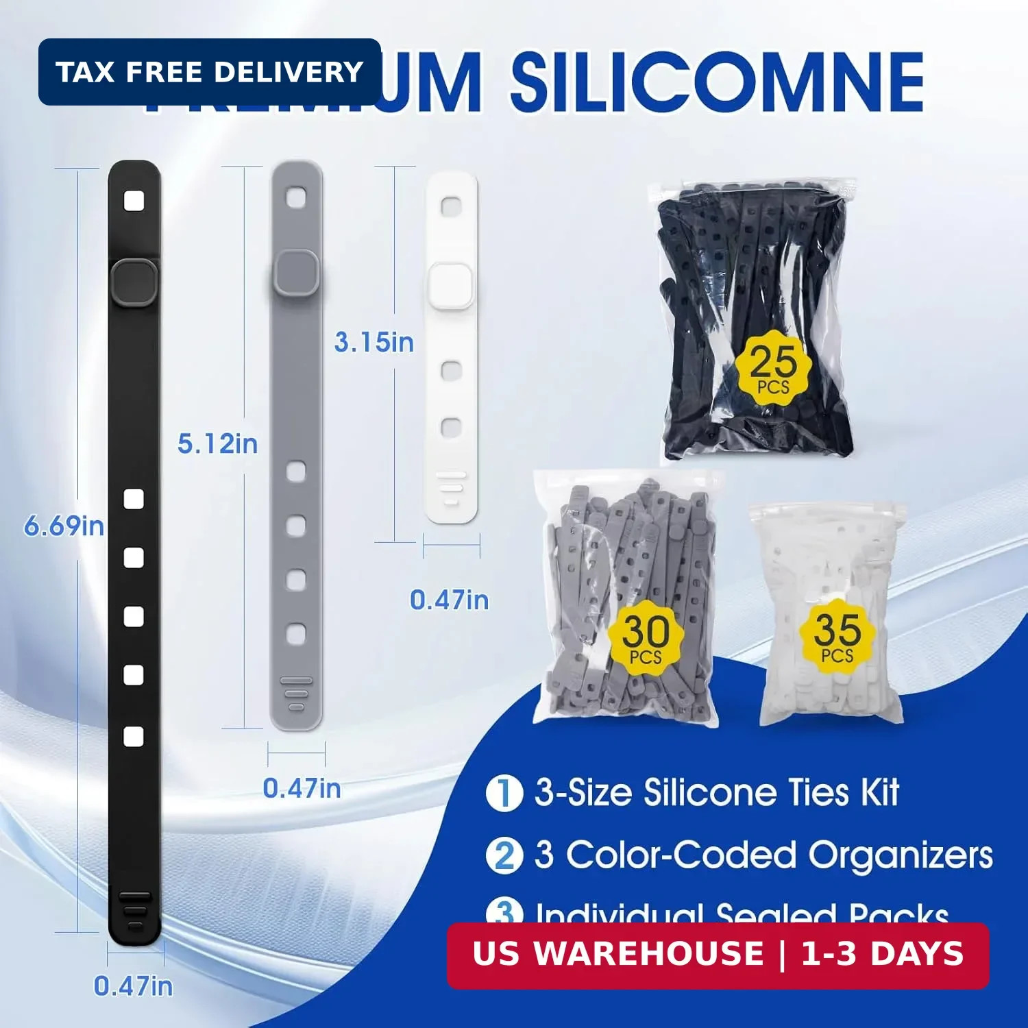 AROIC 90Pcs Silicone Cable Ties with 3 Sizes,Reusable and Washable with Adjustab