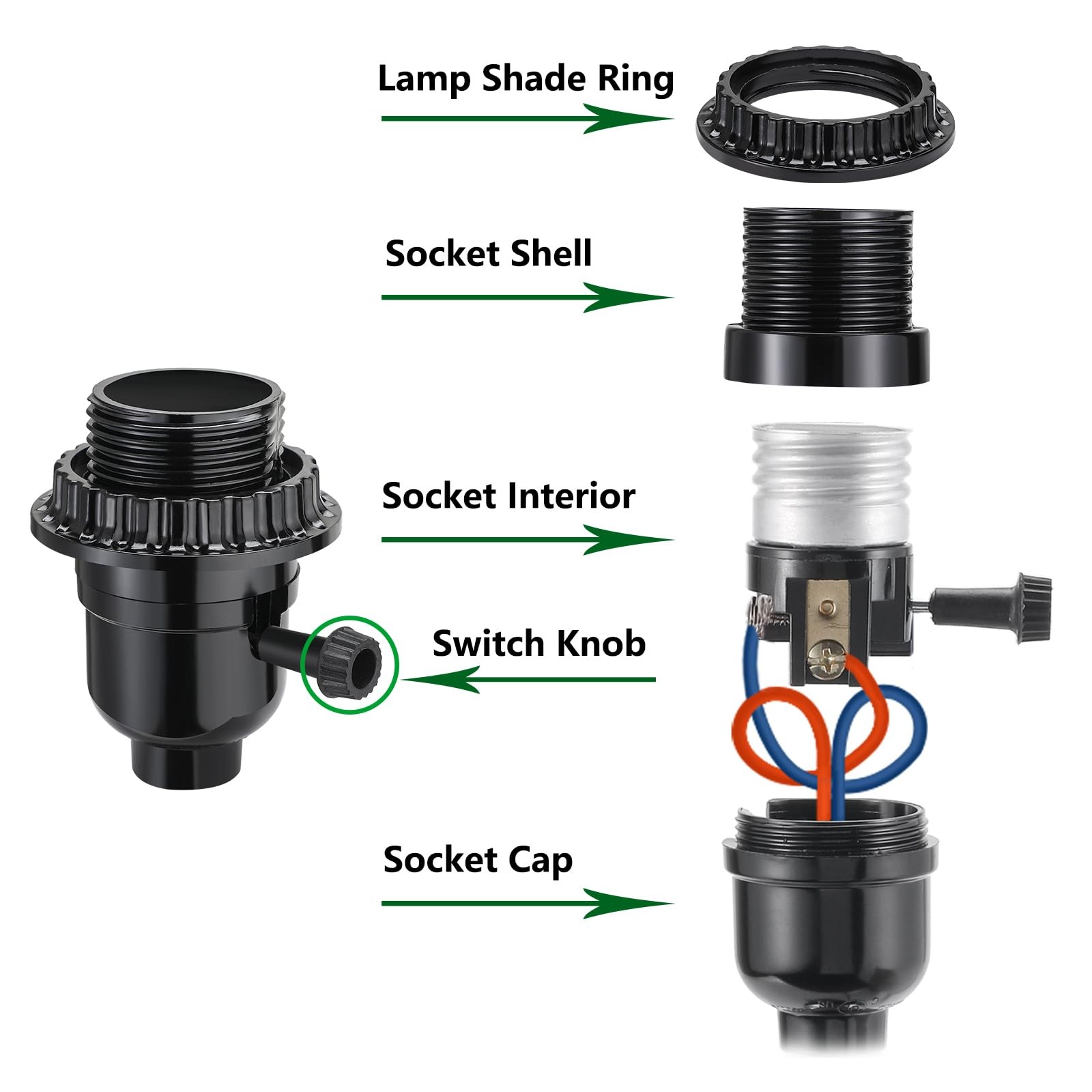 2 Pack UL Listed E26/E27 Light Socket Replacement with ON/Off Switch Black