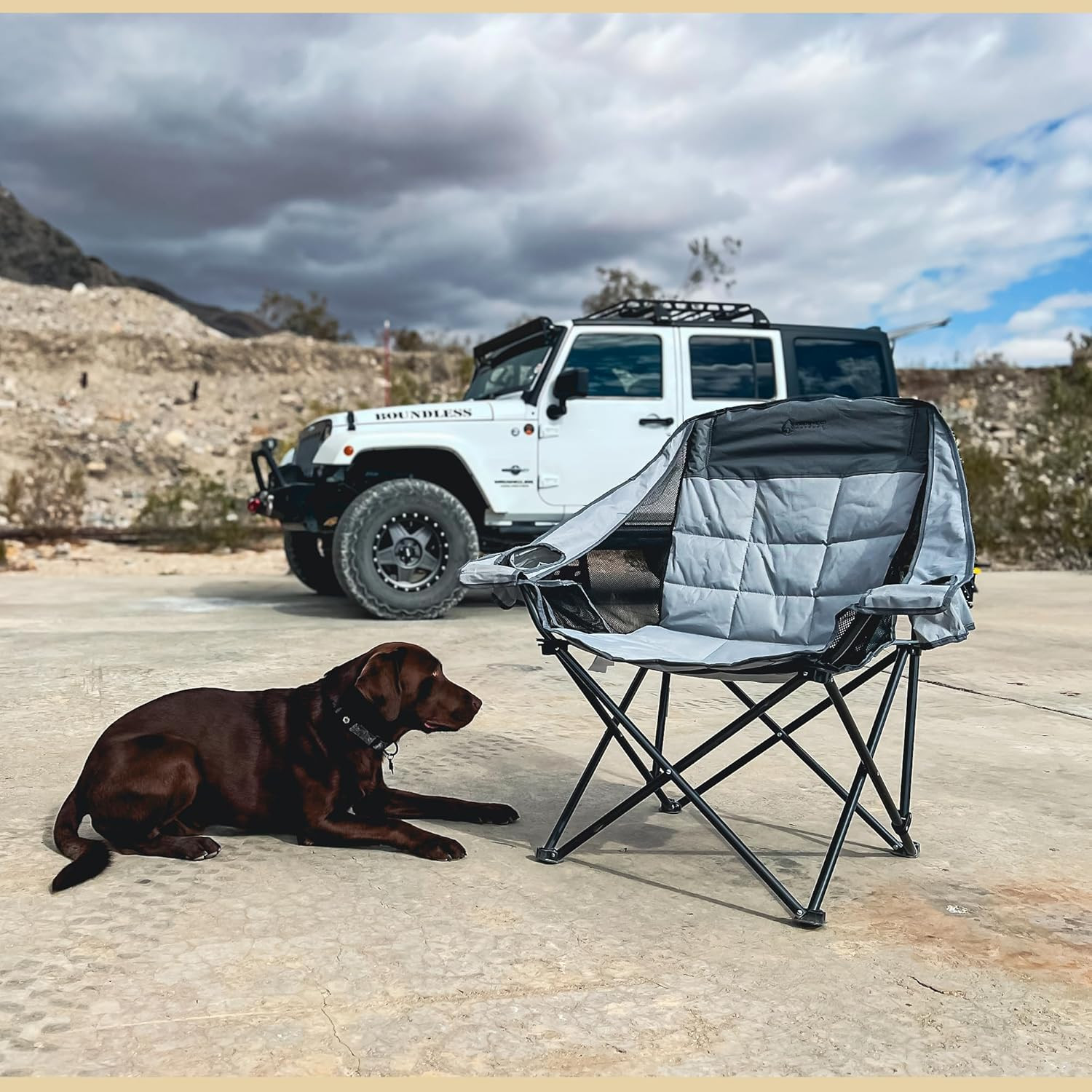 Oversized Folding Camp Chair W/Adjustable Double Sized Cup Holder, Mesh Sides, I