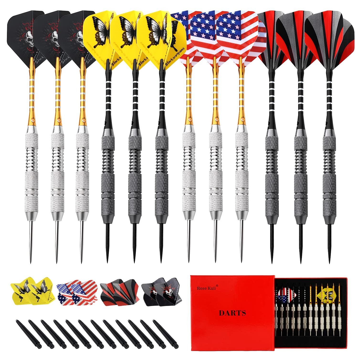Steel Tip Darts Set, 12 Pack 24 Grams Professional Metal Dart Set with 20 Fli...