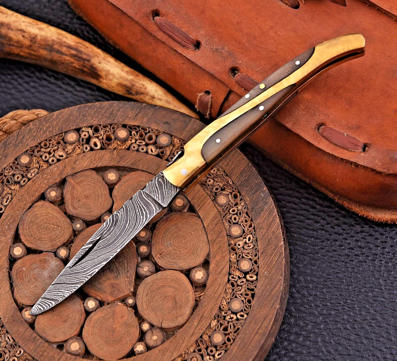 HANDMADE DAMASCUS STEEL FOLDING POCKET KNIFE CAMEL BONE & BRASS HANDLE 1262