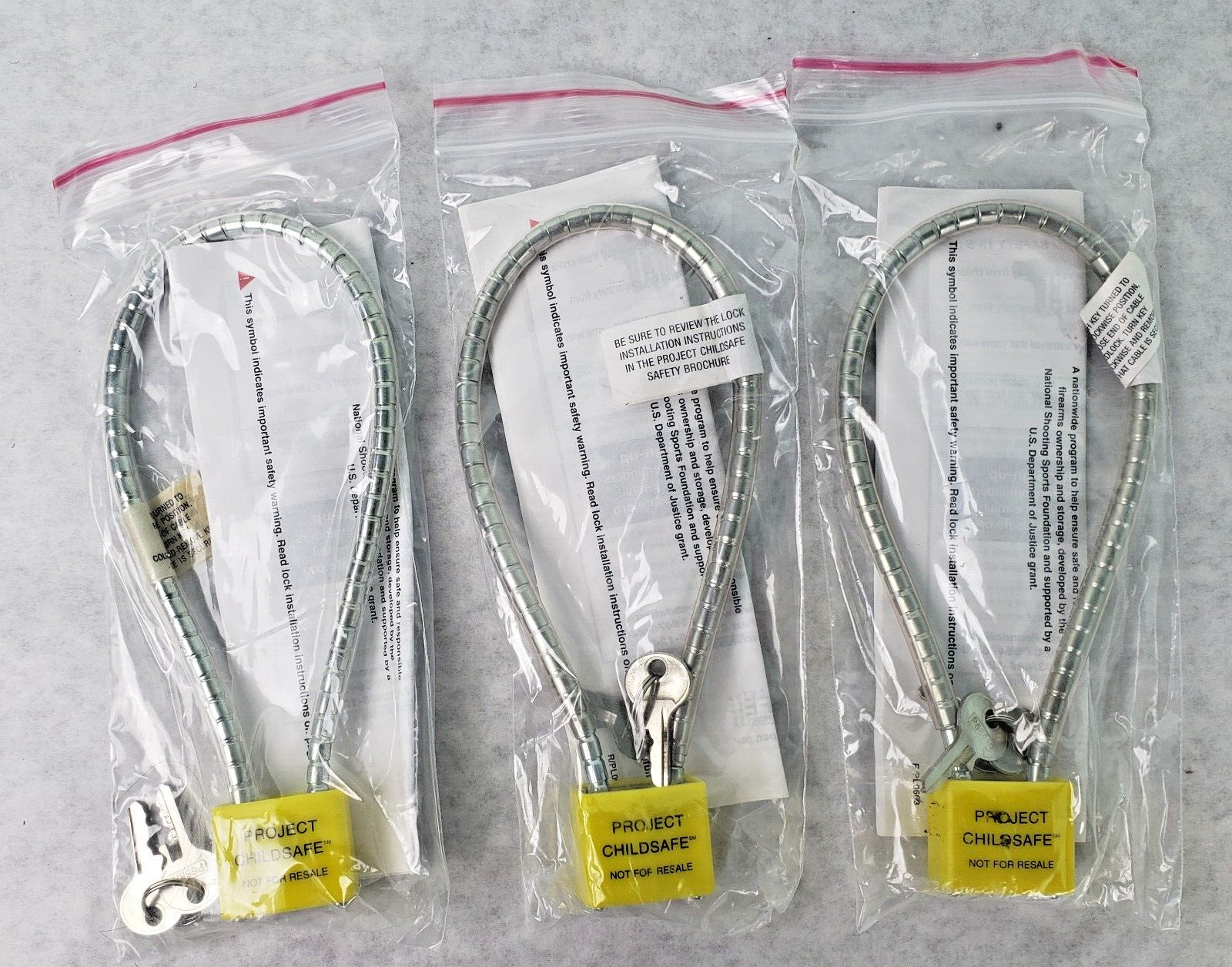 3 PACK Of Project Childsafe Cable Style Gun Lock with 2 Keys - New In Package