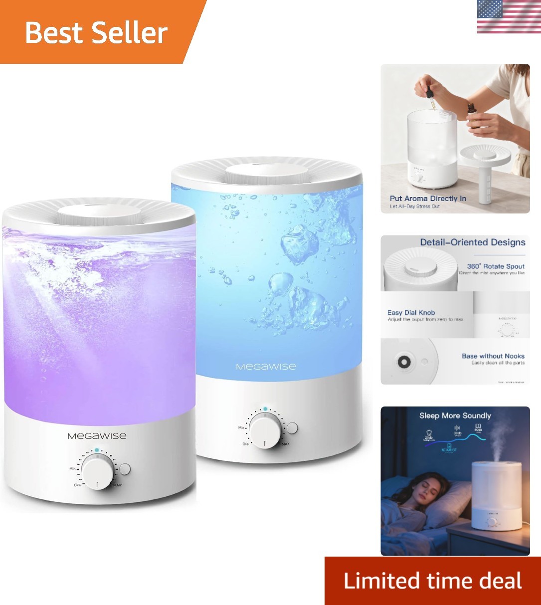 Large 3.5L Top-Fill Ultrasonic Humidifiers - Essential Oil & Auto Shut-Off