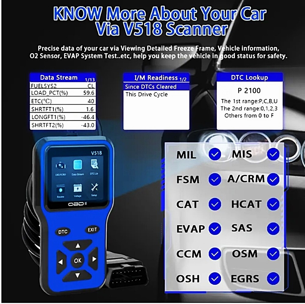 New 2025 OBD2 V518 Scanner Diagnostic Tool Code Reader - Blue