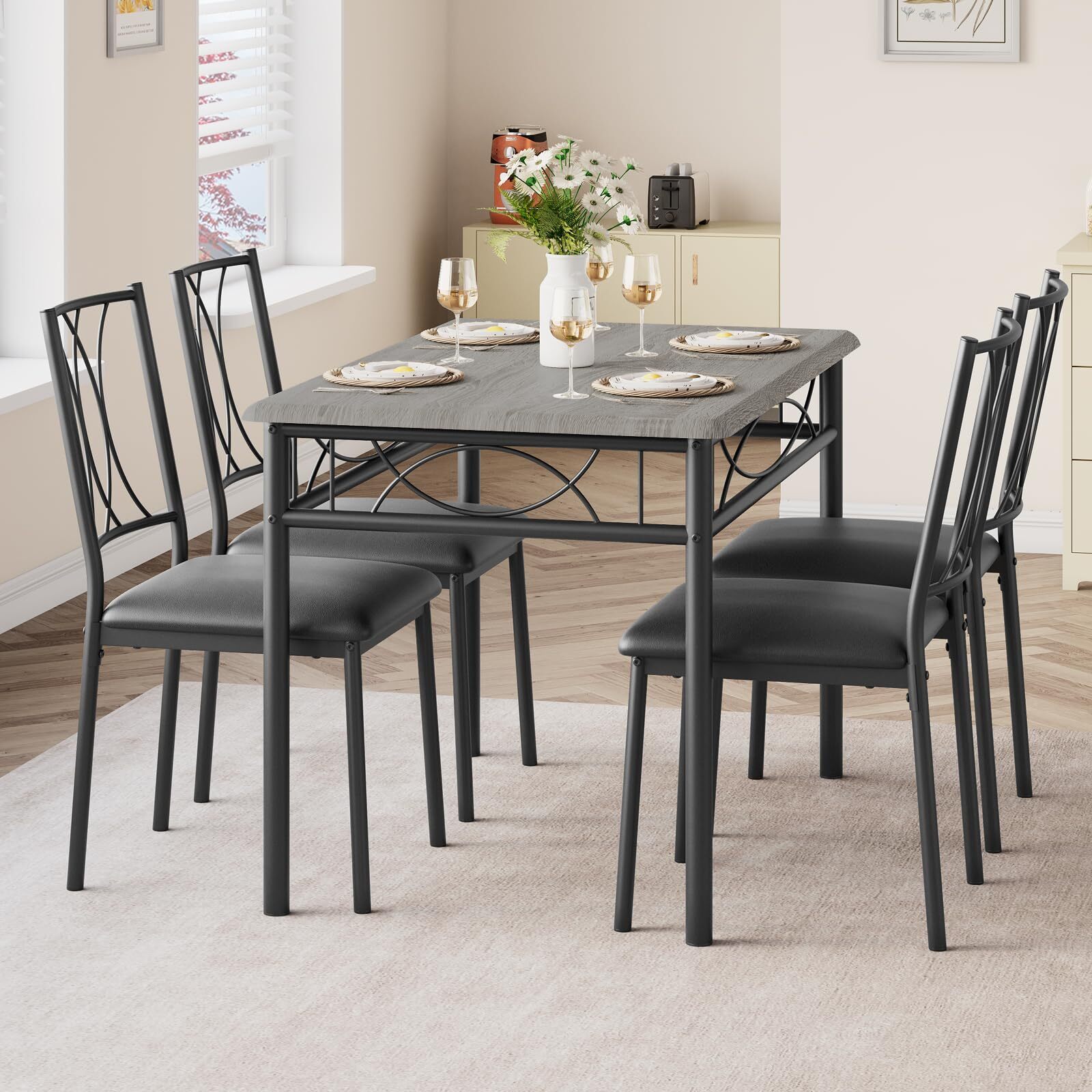 5 Piece Dining Table Set for 4, Kitchen Table and Chairs 4 Upholstered Chairs