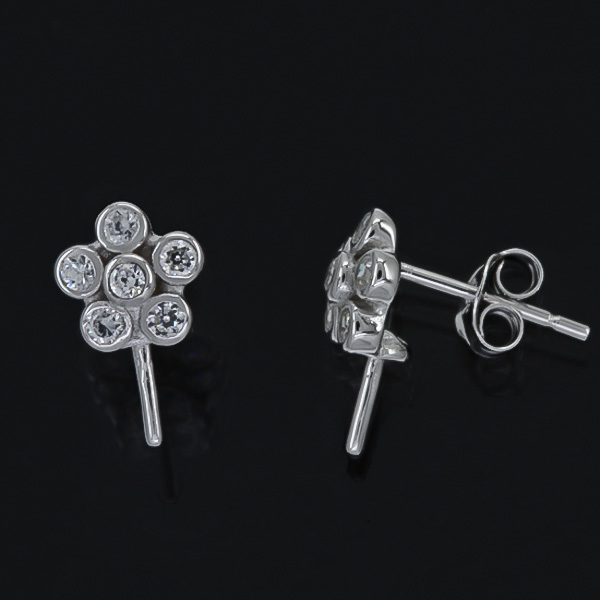 Sterling Silver CZ Daisy Stud Post Earrings Connector with Pearl Cup Pin #97294
