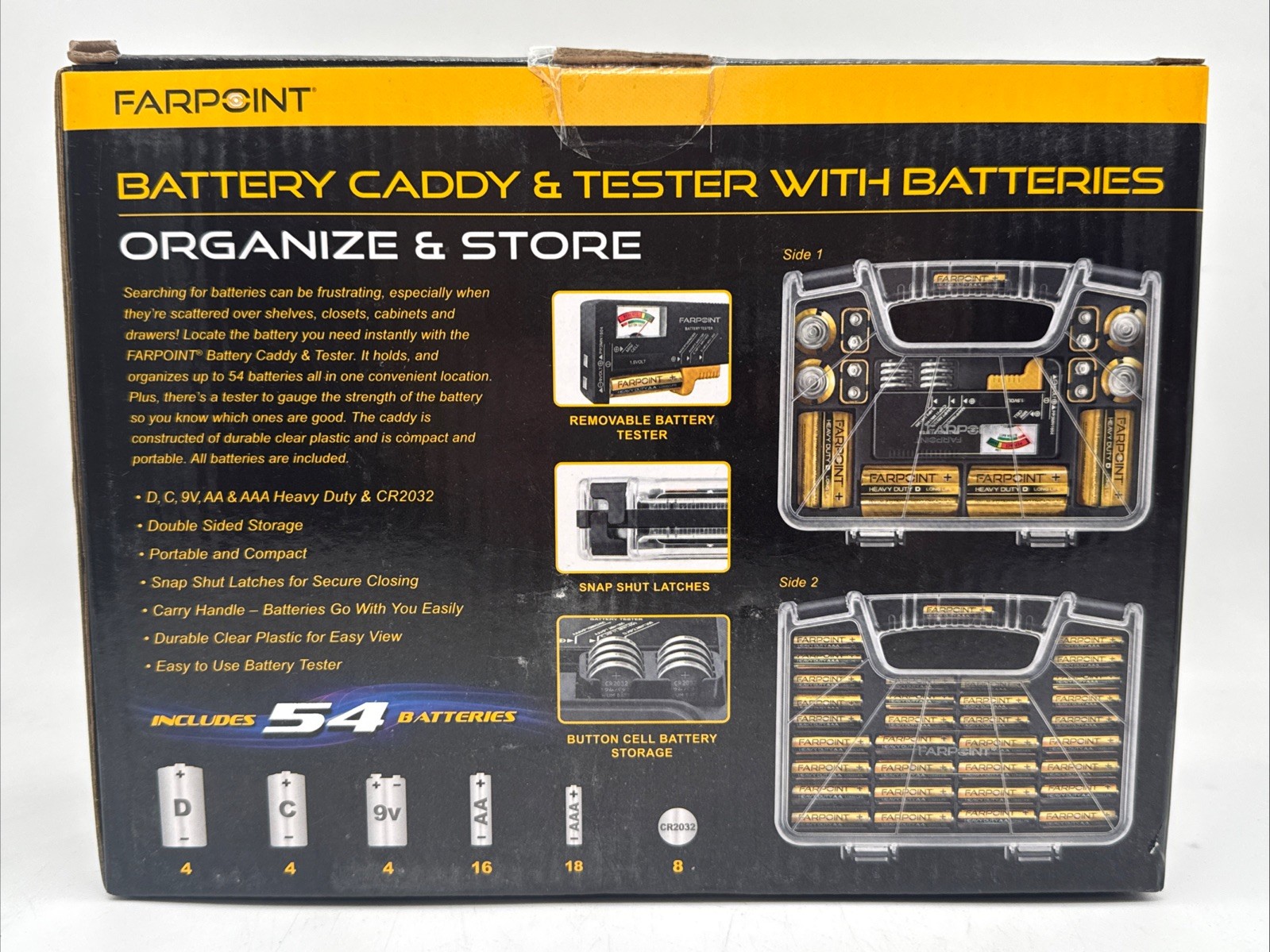 Farpoint Battery Caddy & Tester W/ Batteries 54 Batteries