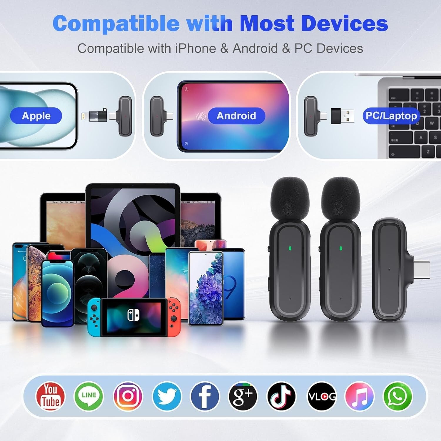 Professional Wireless Lavalier Mic for iPhone iPad Android PC Including Adapter