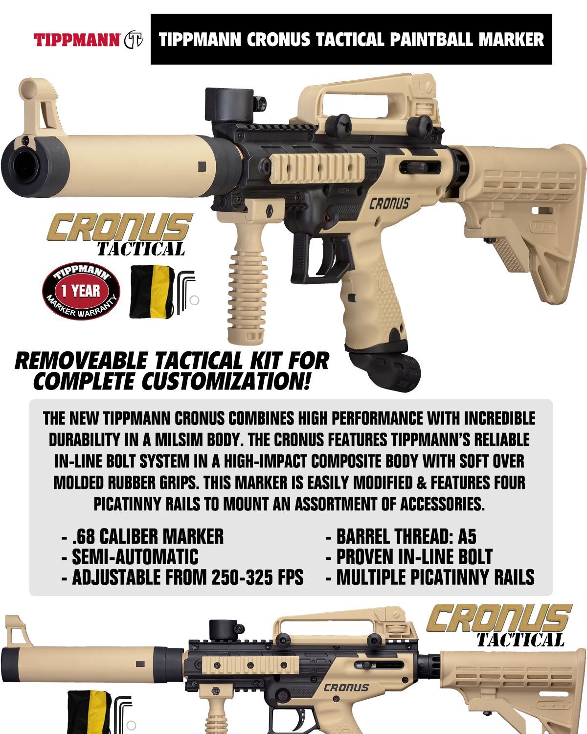 Maddog Tippmann Cronus Tactical Bronze CO2 Paintball Gun Starter Package Tan