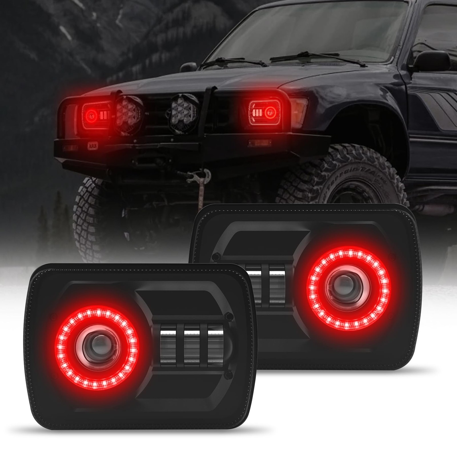 2Pcs Rectangle 5×7 7×6 Inch LED Headlights with Halo DRL & Turn Signal