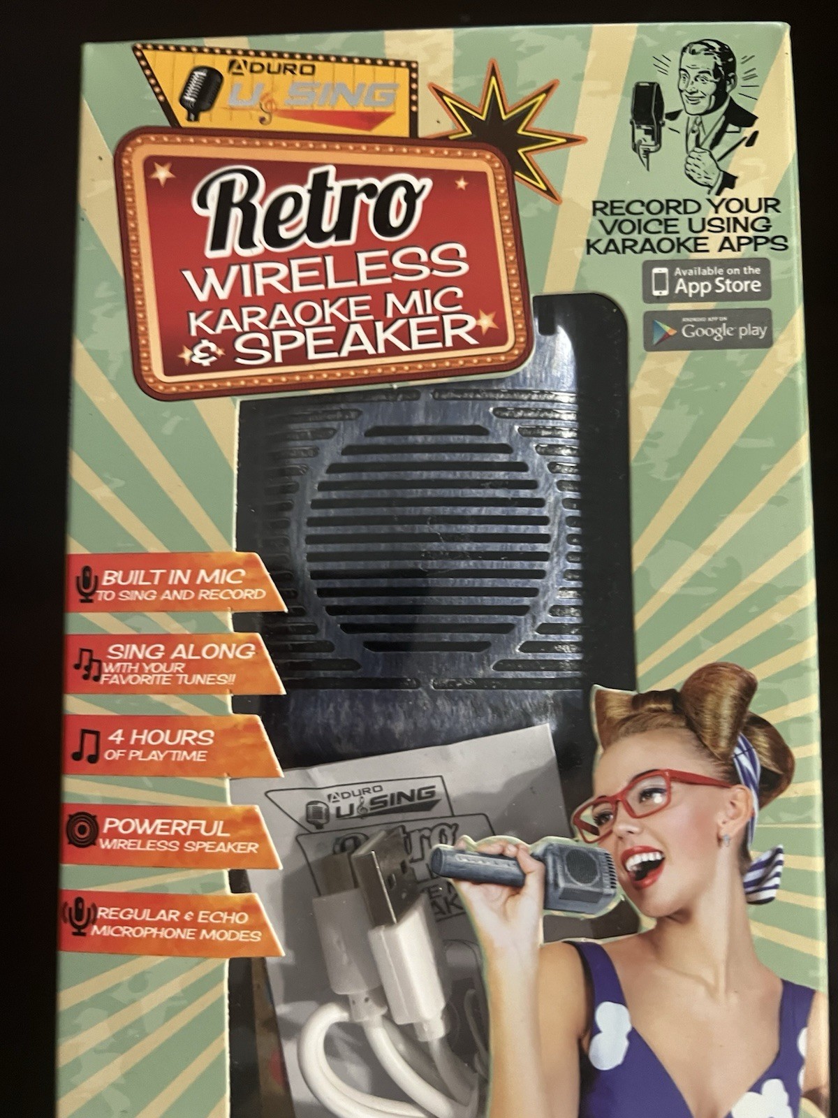aduro u sing retro wireless karaoke microphone mic & speaker New Open Box