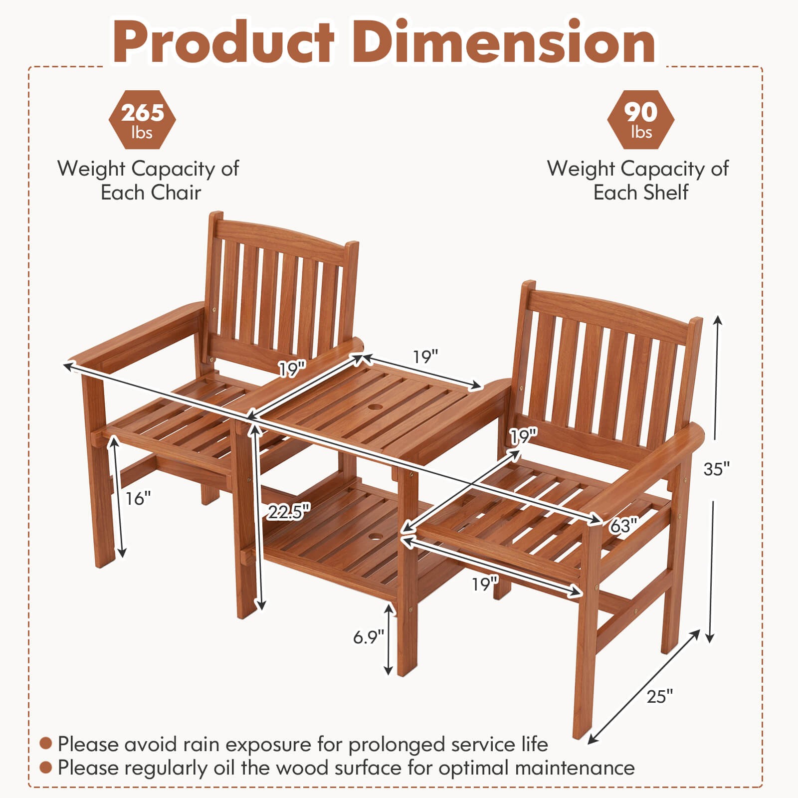 Outdoor Wood Bench Loveseat with Built-in Table 1.57" Umbrella Hole for Porch