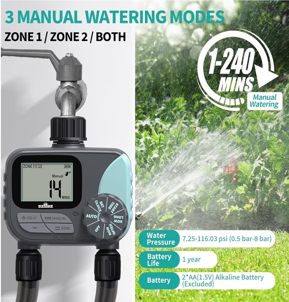 Water Timer for Garden Hose Programmable, 2 Zone Sprinkler Timer with Rain Delay
