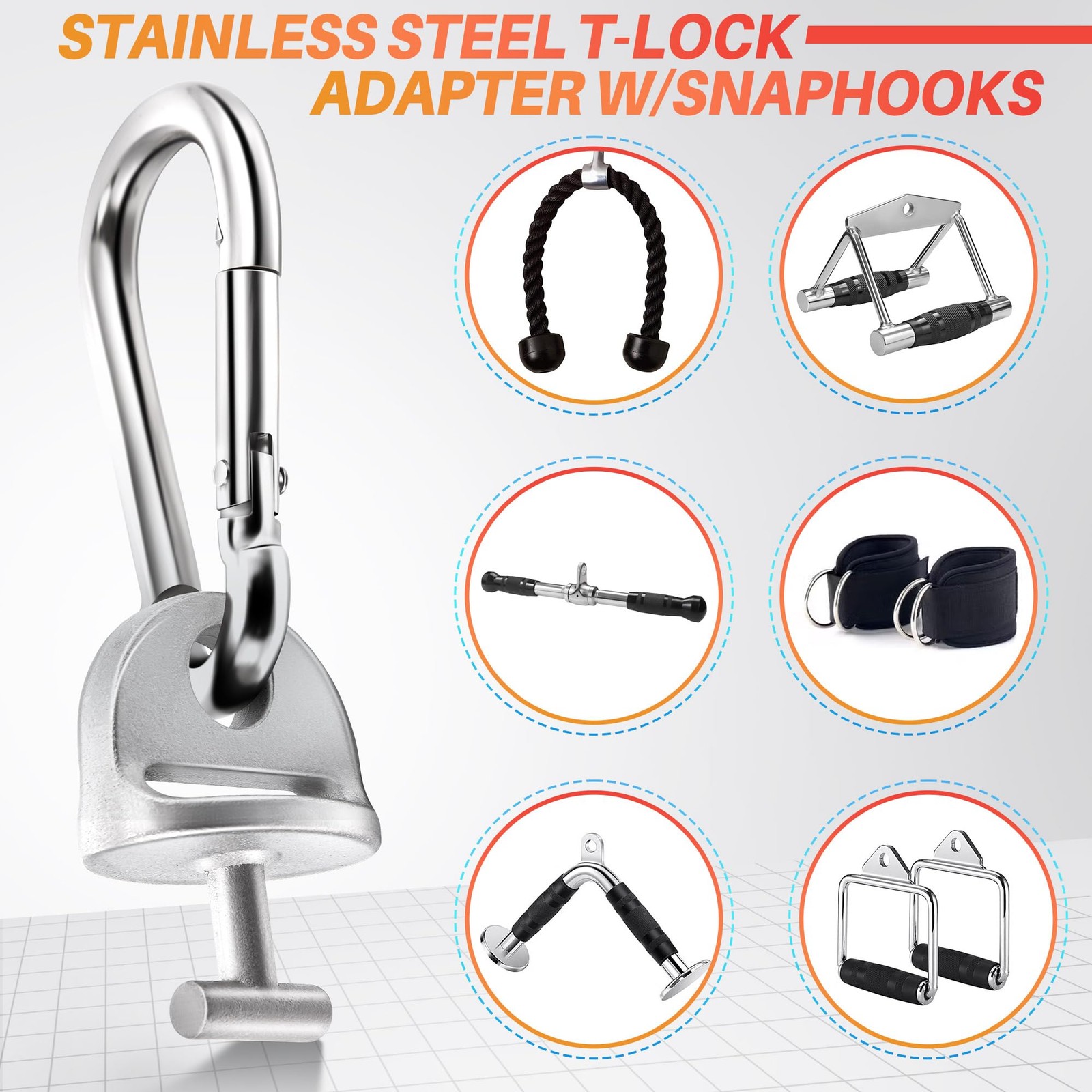 4 Set Grey T Lock Adapter with Snap Hooks Compatible with Tonal