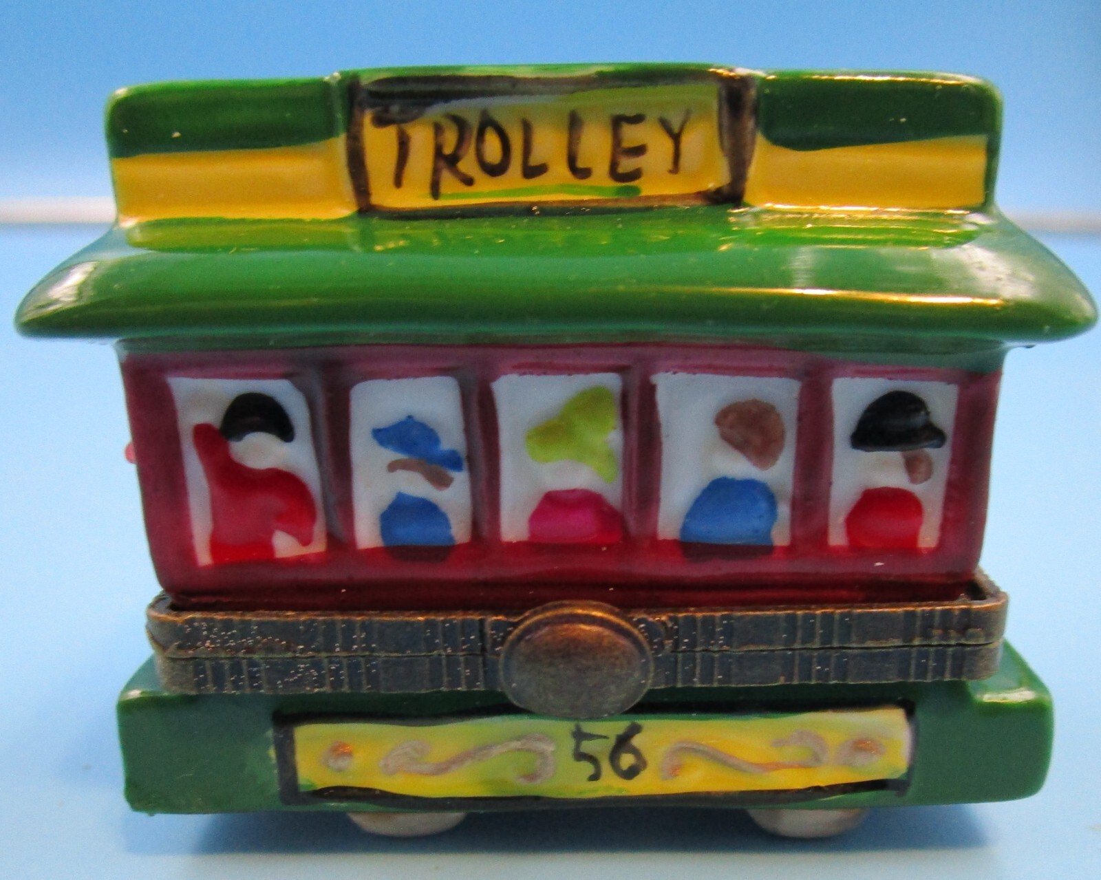 HANDPAINTED MINIATURE CHINA BOX W/ SURPRISE INSIDE - TROLLEY CAR- 1990'S NEW