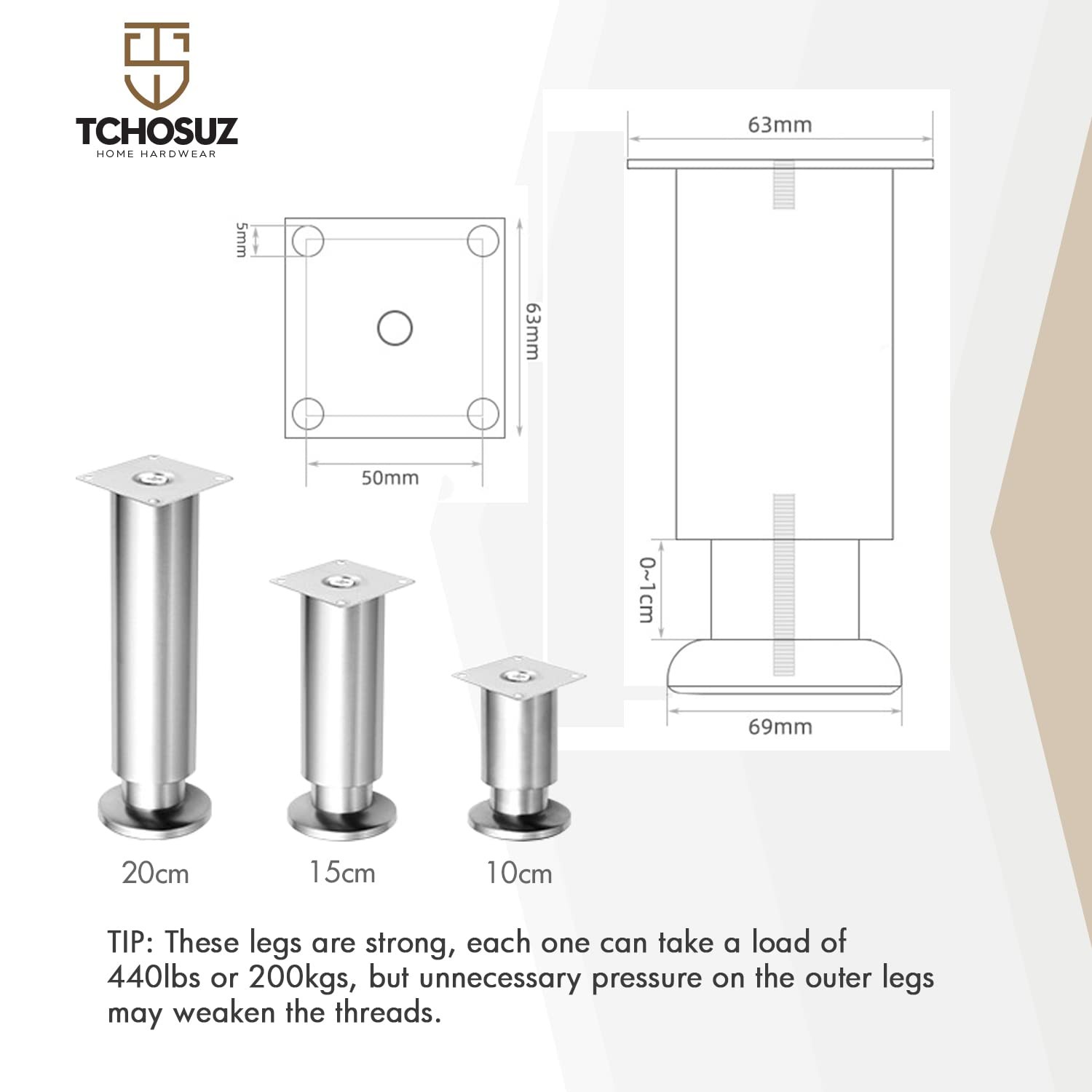 TCHOSUZ 8 Inch Heavy Duty Mental Furniture Legs, 4 Pack 20 cm Stainless Steel...