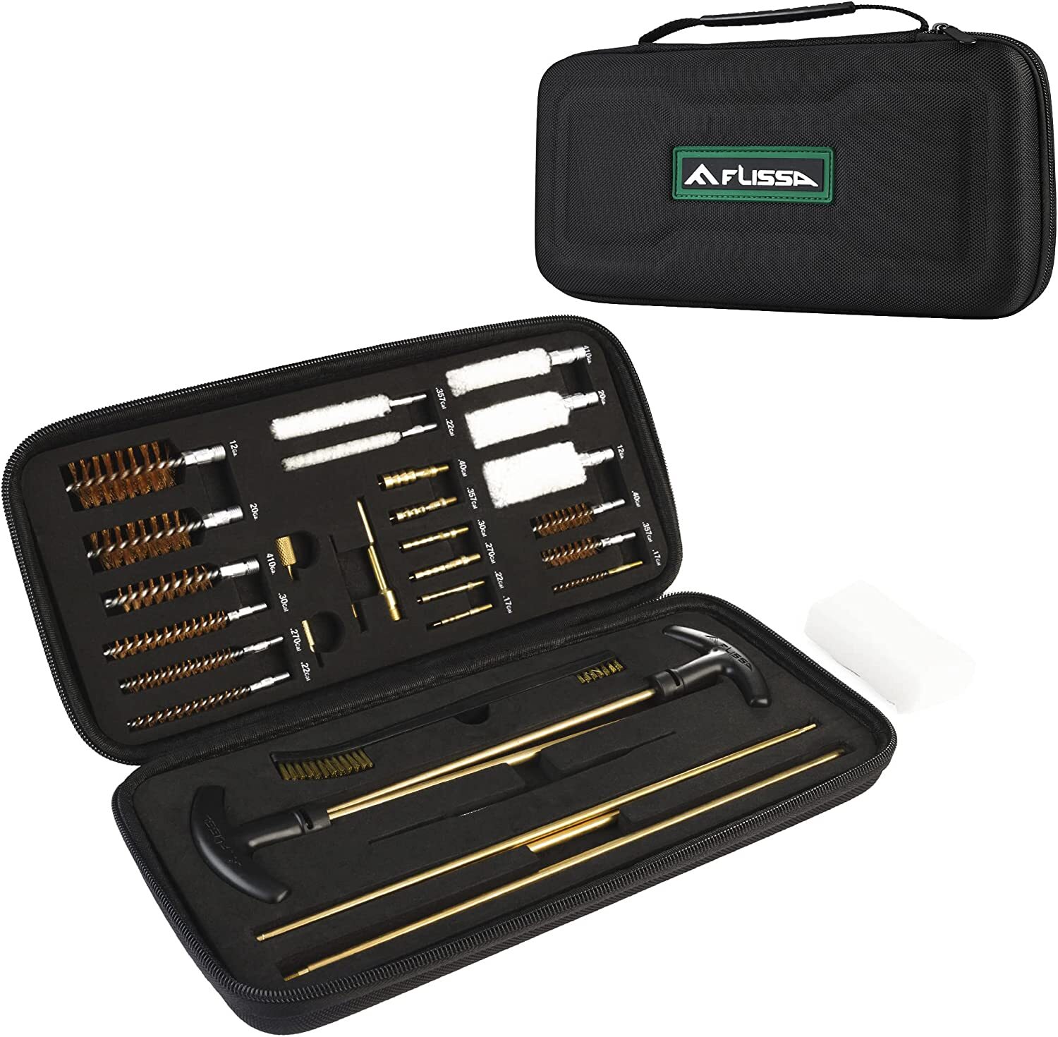 Flissa Gun Cleaning Kit with Solid Brass Rods, Brushes Mops, Jags, Portable Case