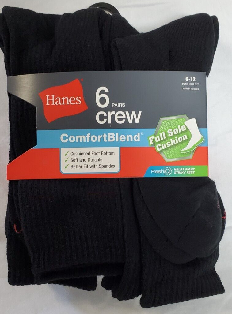 Hanes Men's Crew Socks 6 Pair Comfort Blend Fresh IQ Full Sole Cushion Size 6-12