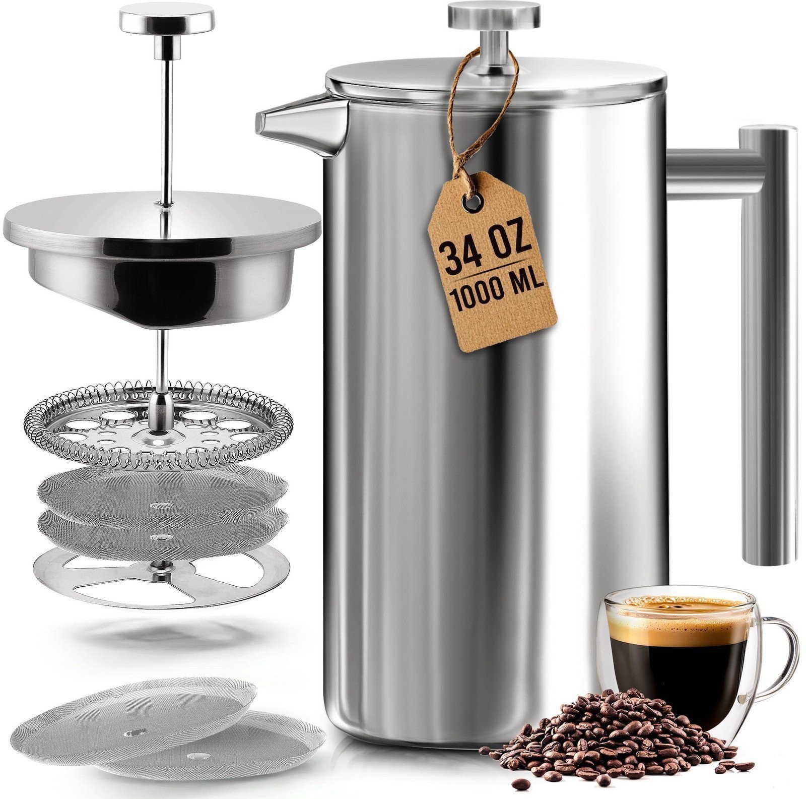 Utopia Kitchen 304 Grade Stainless Steel French Press Coffee Maker 34 Oz,...