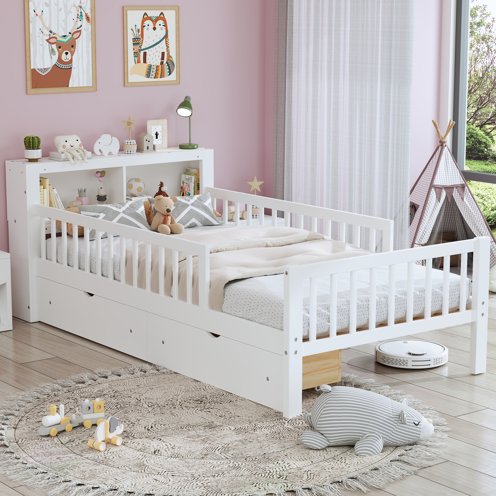 Woos Twin Size Bed with Storage Headboard Two Under-Bed Drawers Guardrails White