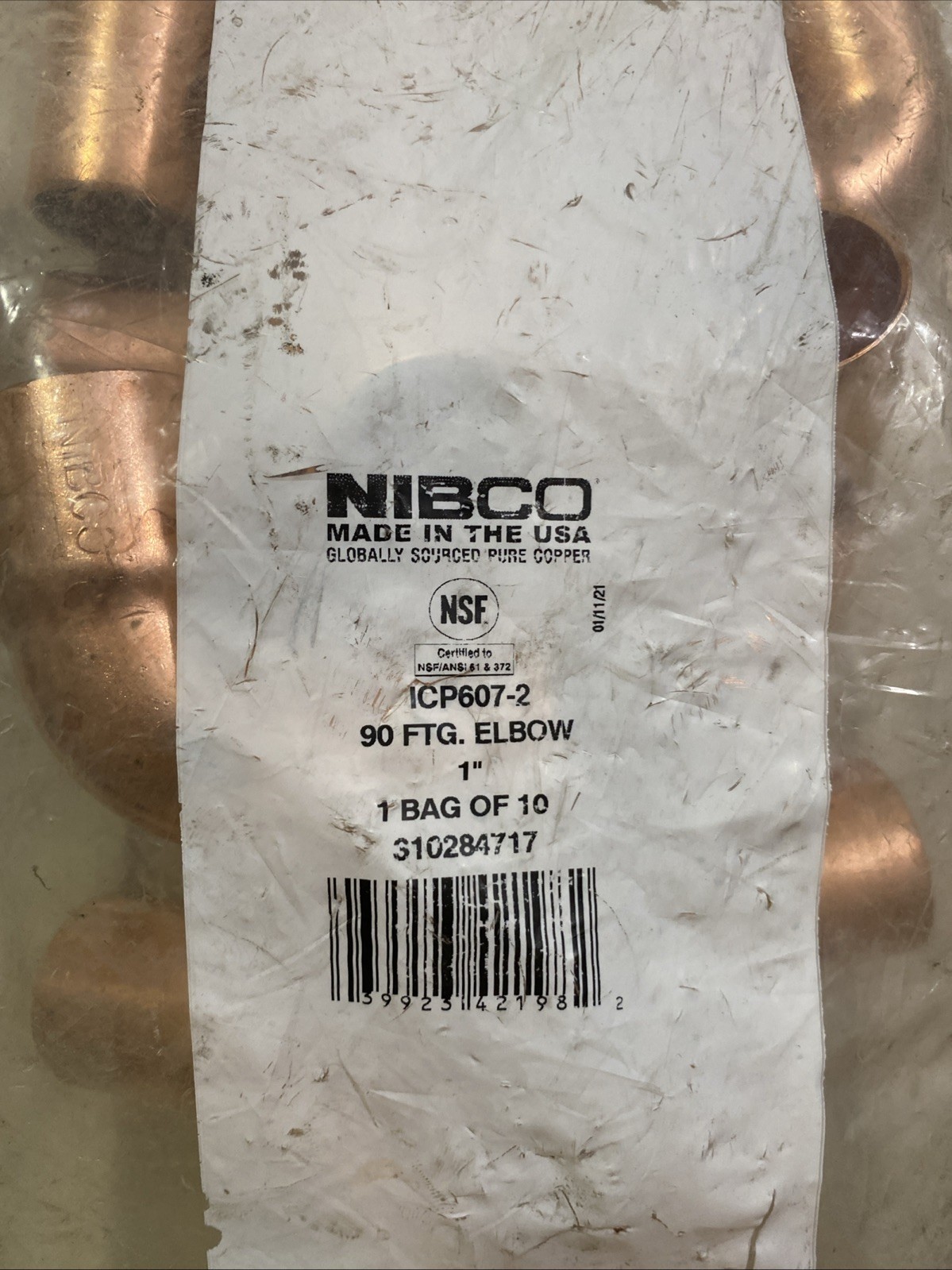 10 Pack NIBCO CP60721.  1 in. Wrot Copper 90 Degree Ftg x C Elbow 1”