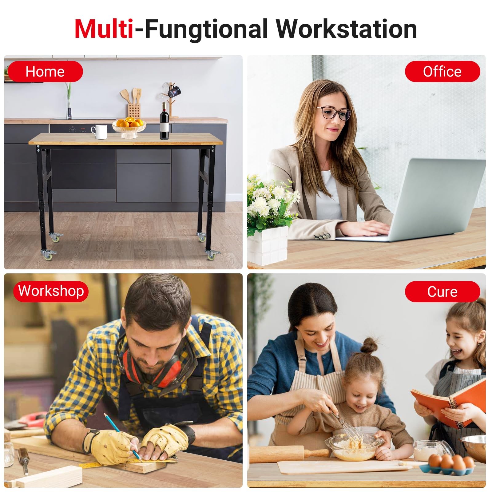 48x24 Inch Adjustable Workbench with Wheels ,Heavy Duty Garage Work Bench Table