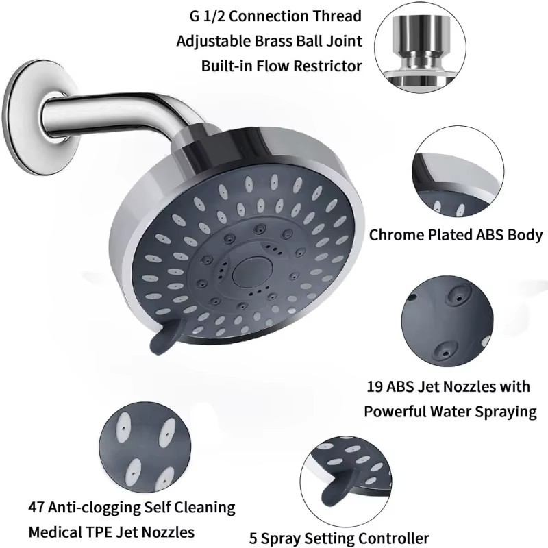 4" Chrome Finish 5 Function Shower Head High or Low Pressure With 5 Spray