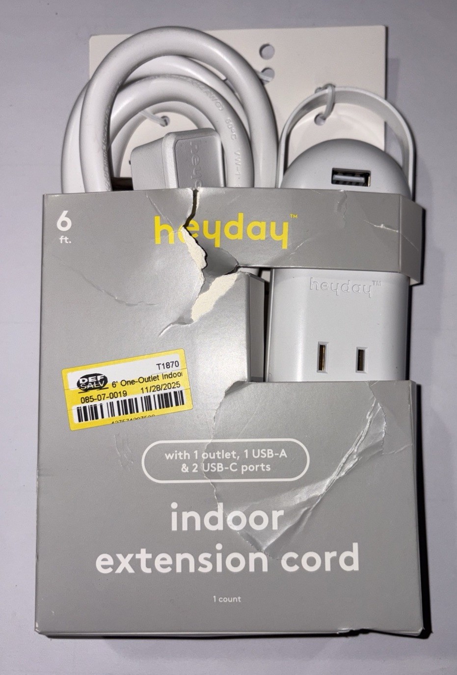 heyday 6' Indoor Extension Cord with USBs - White (1 Outlet, 1 USB-A, 2 USB-C)