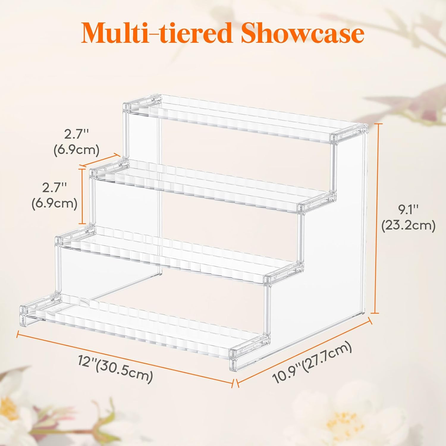 4 Tier Clear Display Riser Stand with Decorative Secure Fences, Tool-Free Assemb