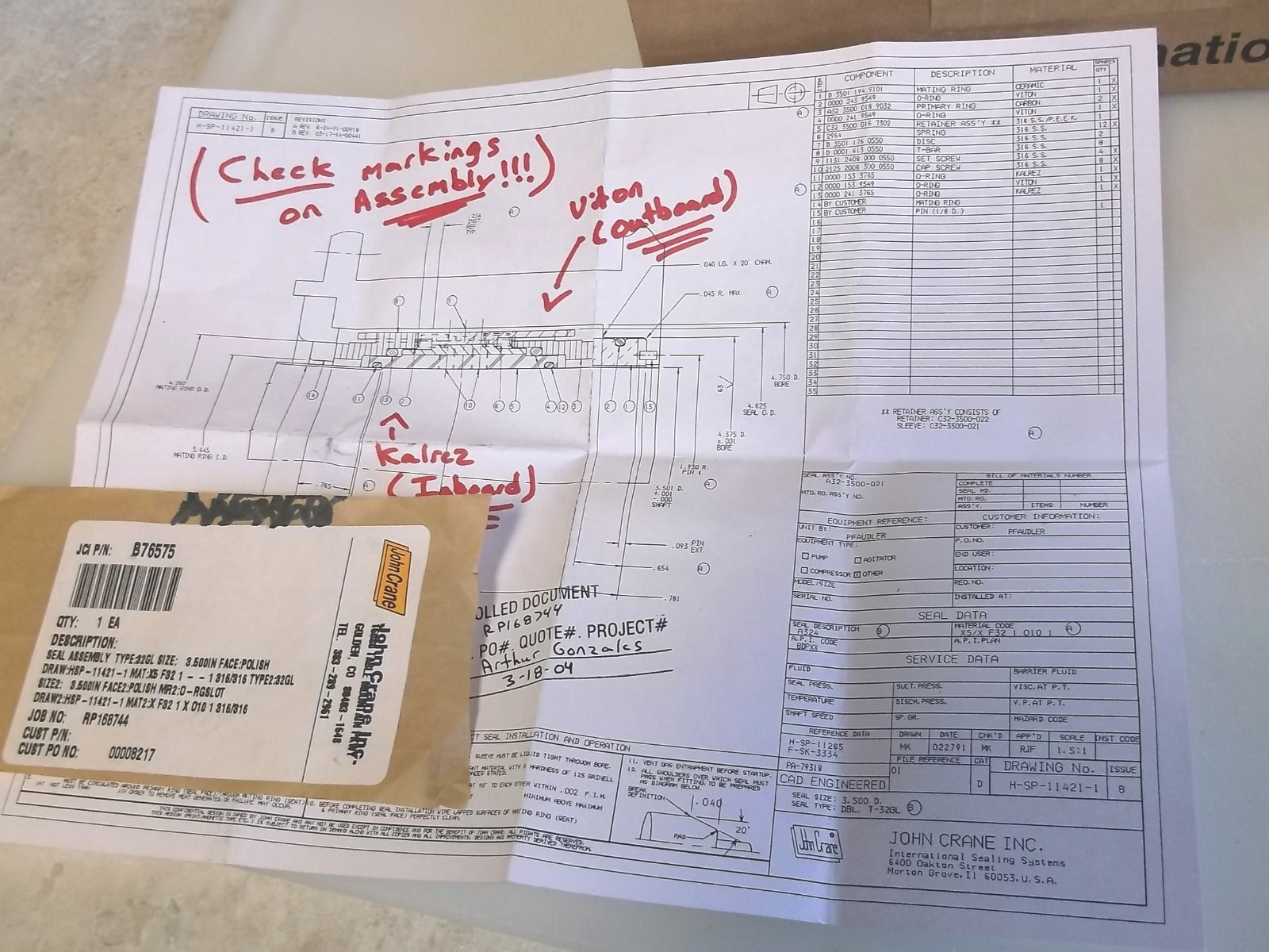 John Crane Inc. B76575 Assembly Seal Kit