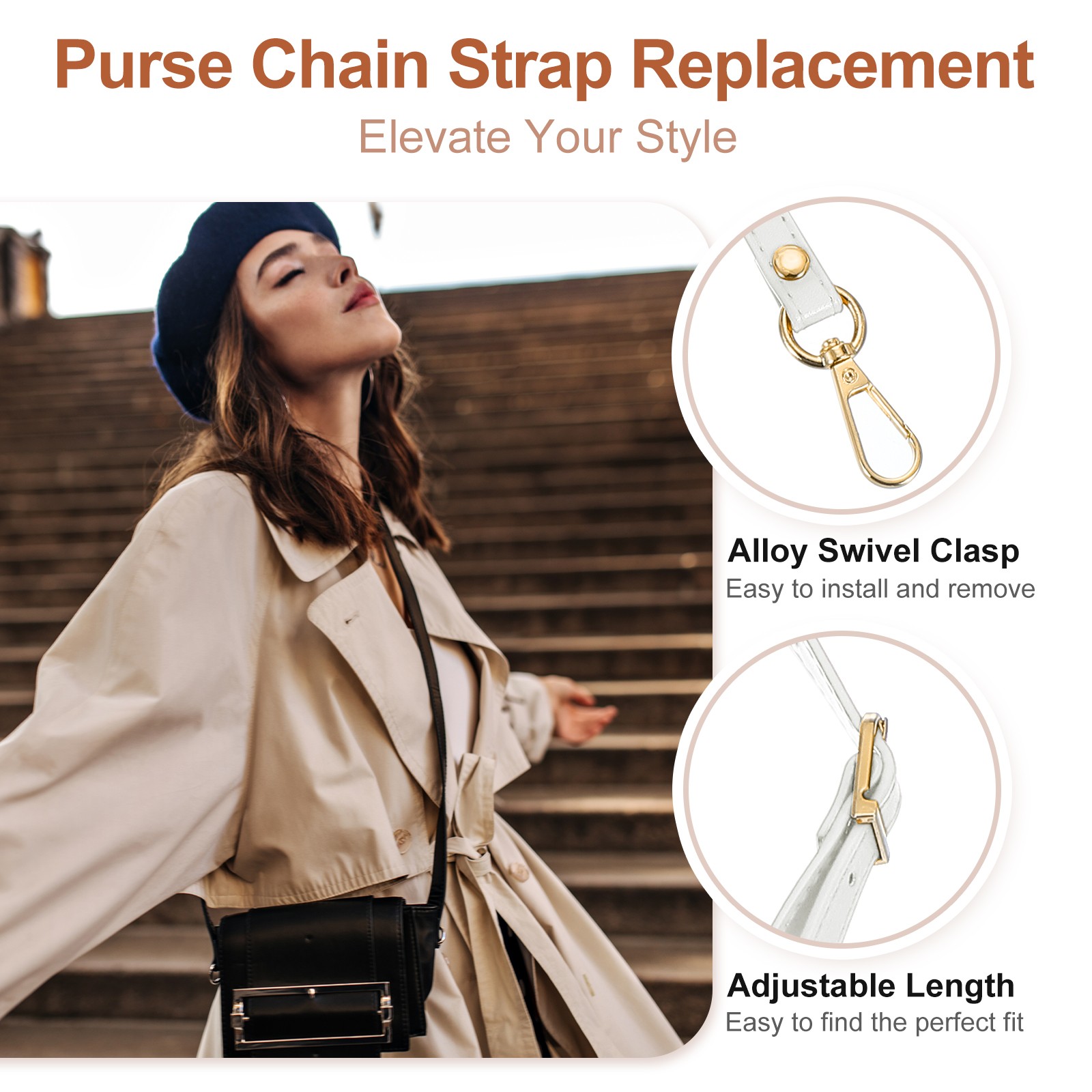 47" Adjustable PU Leather Purse Strap with Gold Hardware White