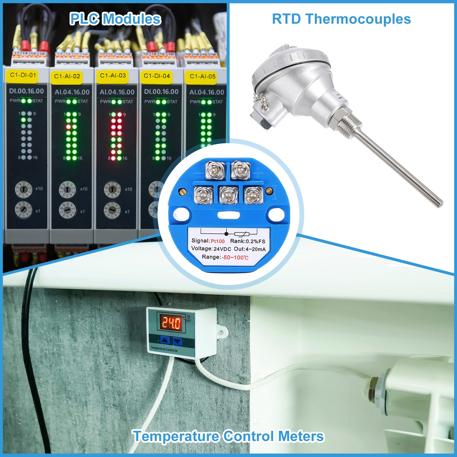 2Pack -50-100C RTD PT100 Temperature Sensor Transmitter Module 4-20MA DC24V