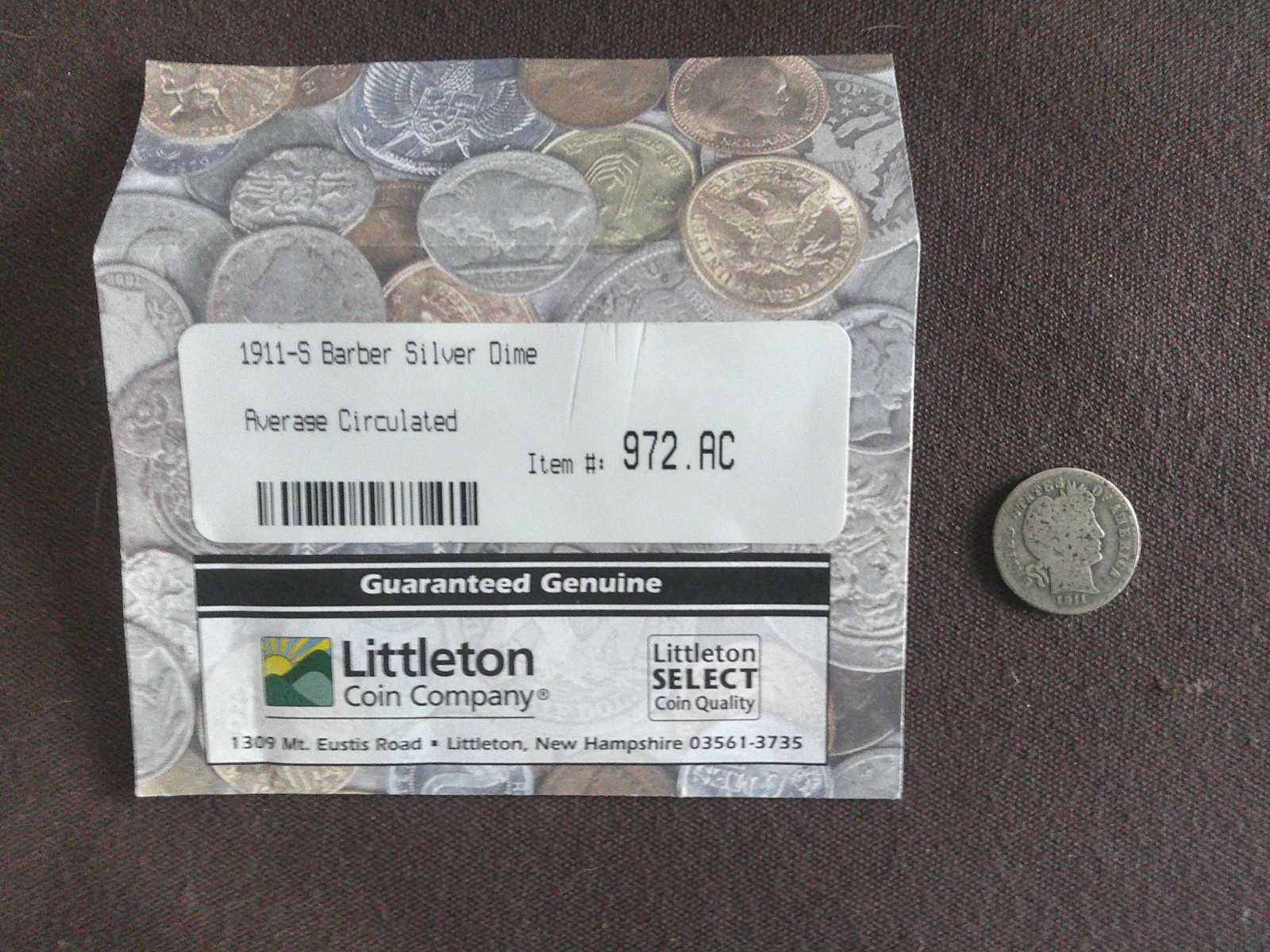 1911-S Silver Barber Dime Circulated Rated Average Littleton Coin Company!!