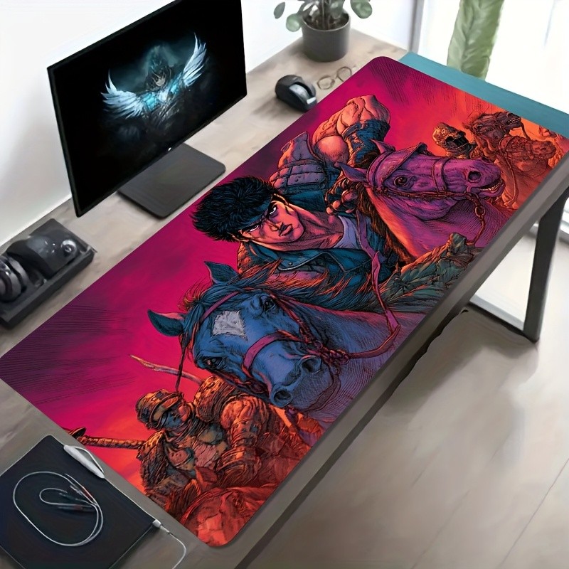 A Large Gaming Mouse Pad Featuring a Retro Comic-Style Warrior Battling in a Re