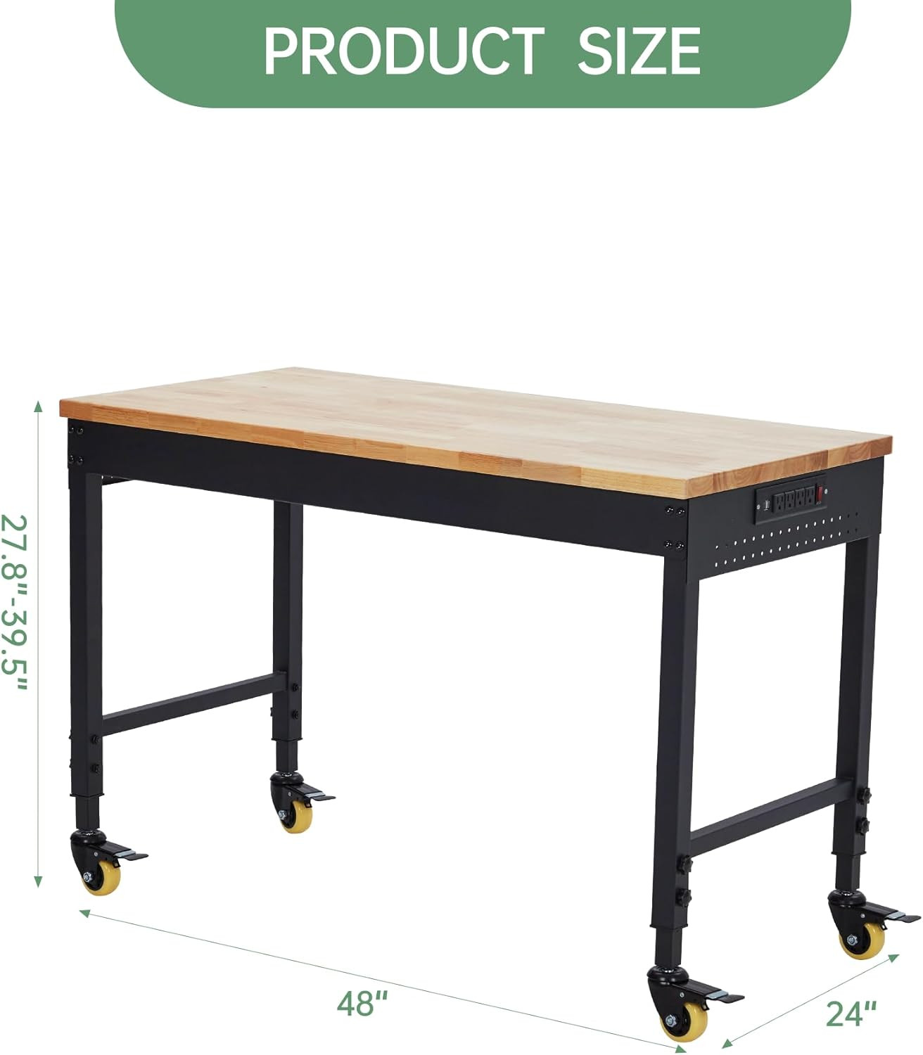 48" Adjustable Height Workbench, Rubber Wood Tabletop Work Table with Wheels, Po