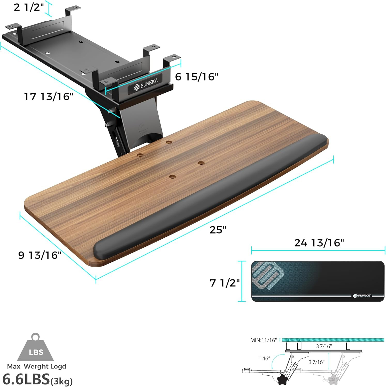 Adjustable Keyboard Tray with Mouse Pad - Walnut Sliding Drawer Under Desk