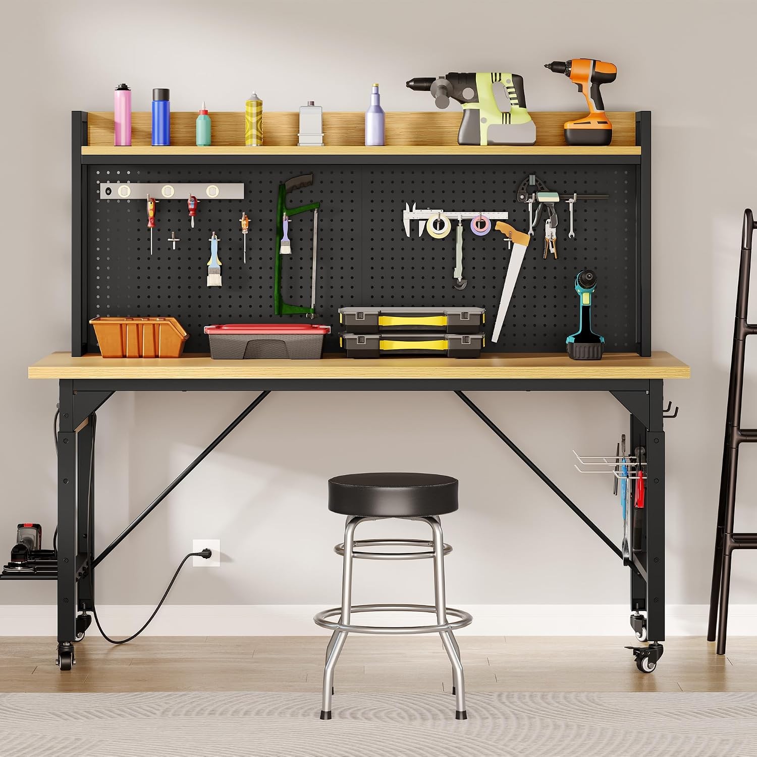 48" Adjustable Workbench with Pegboard Wheels 1600 LB Capacity Rolling Work