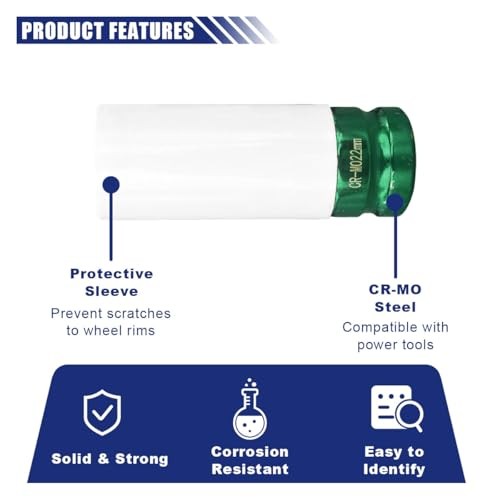 1/2" Drive 22 mm Lug Nut Impact Socket, Non-Marring Deep Lug Nut Socket, 22mm