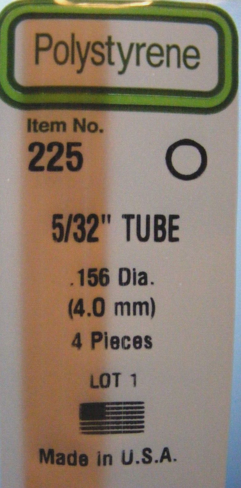 EVERGREEN #225 STYRENE TUBE  5/32" Diameter  (4) Plain White Piece