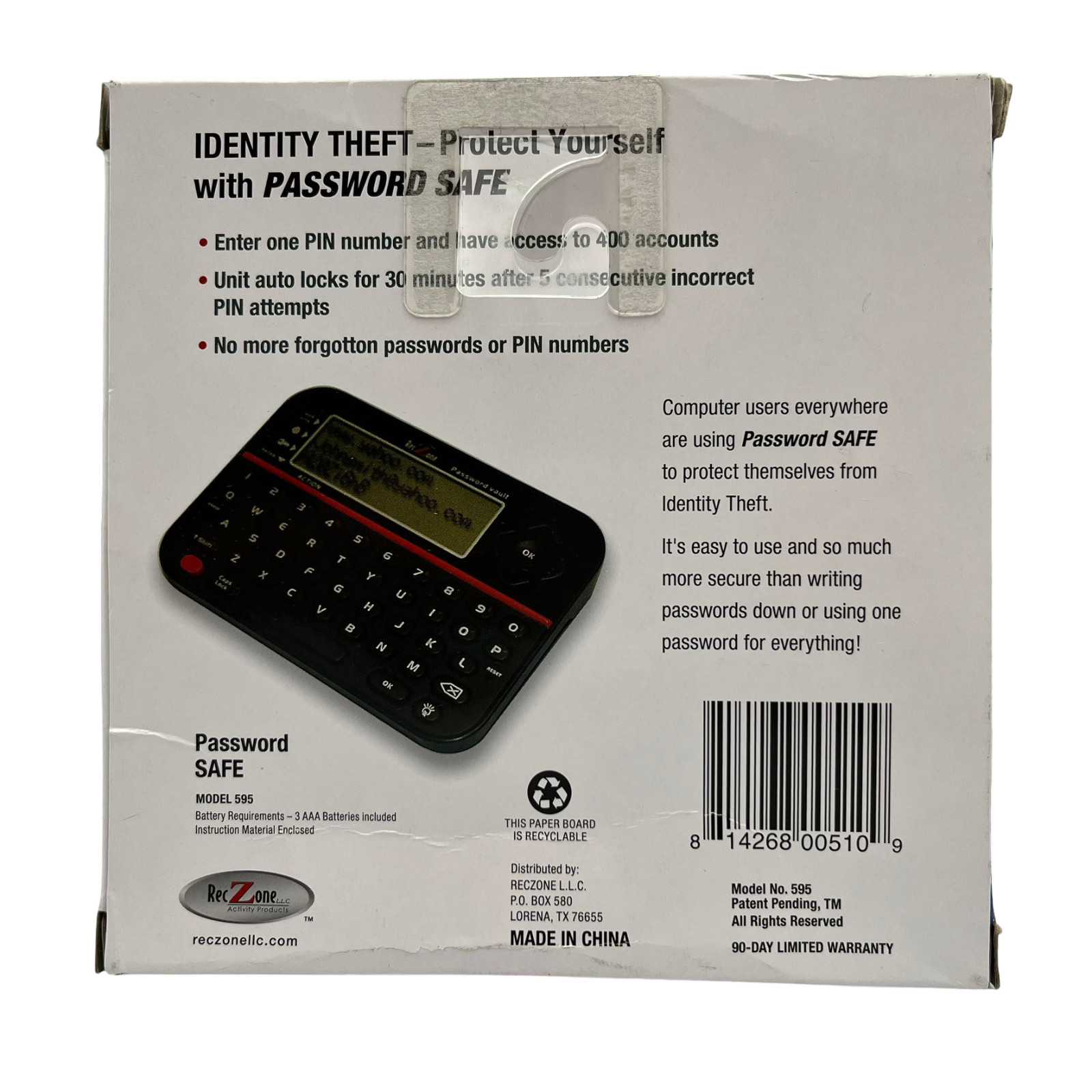RecZone Password Safe #595 Electronic Password Organizer New