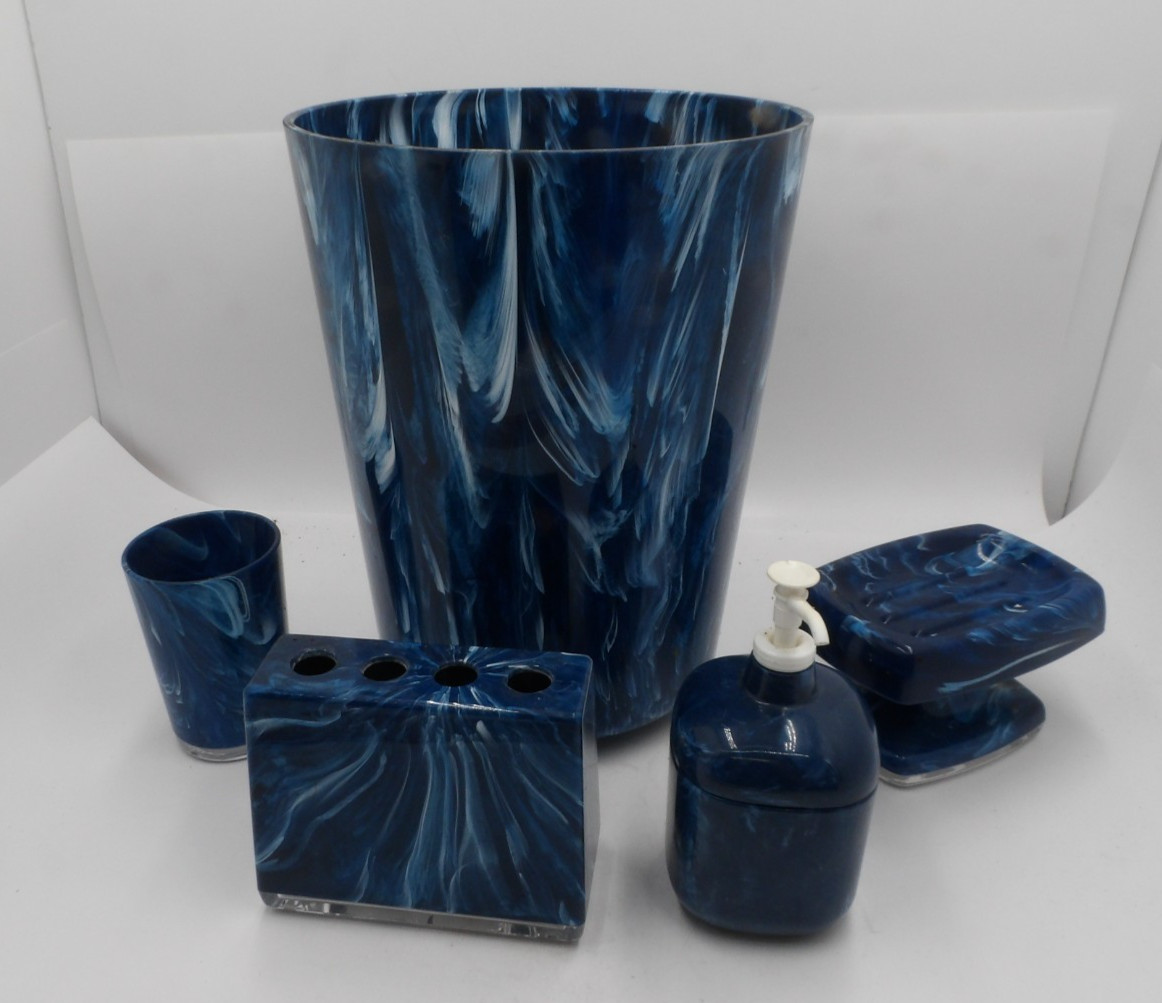 Vintage Oxford Lucite Blue Swirl 5 Piece Bathroom Set, Can, Soap, Toothbrush etc