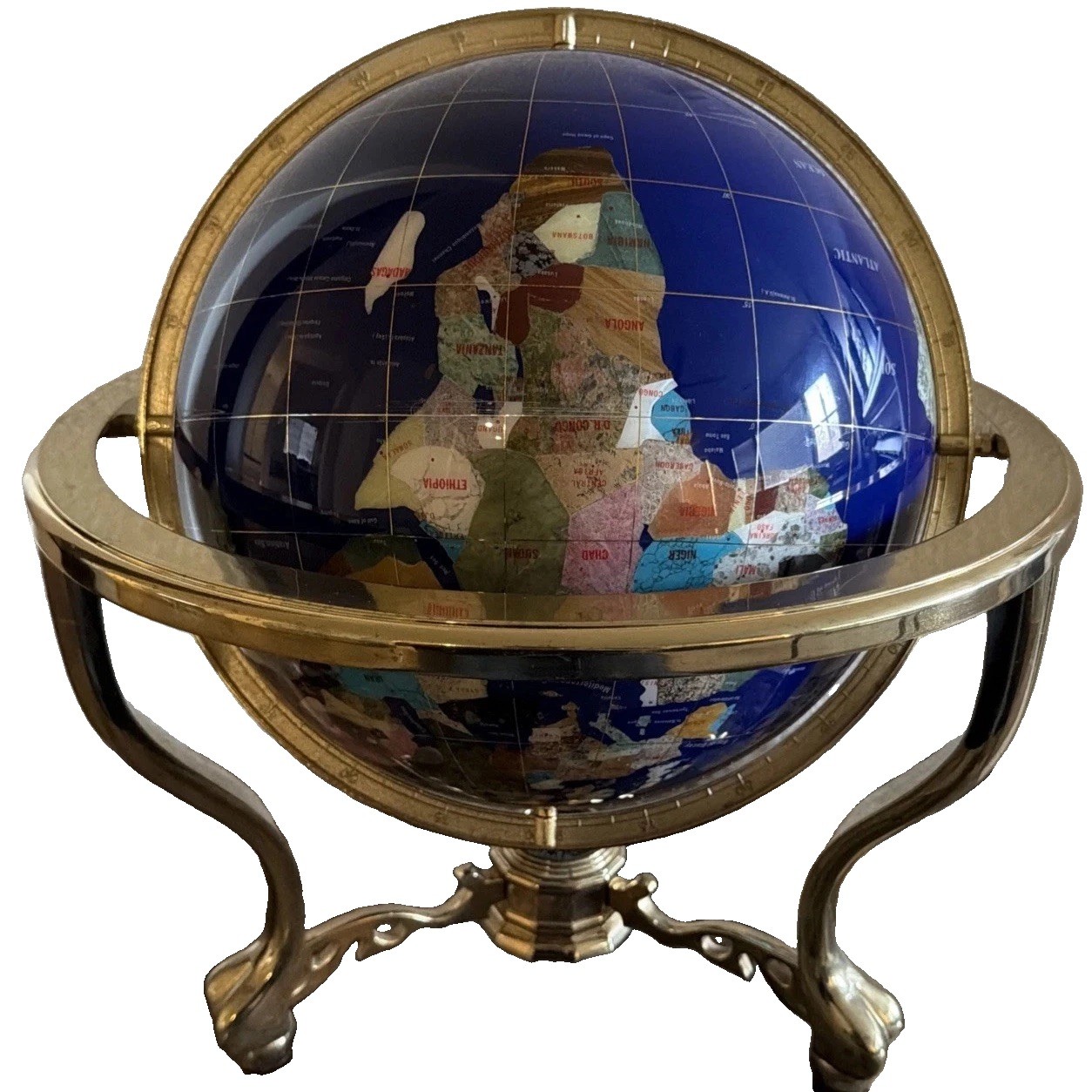 Large Gemstone World Globe Semi-Precious Stone Inlay On Brass Metal W Compass