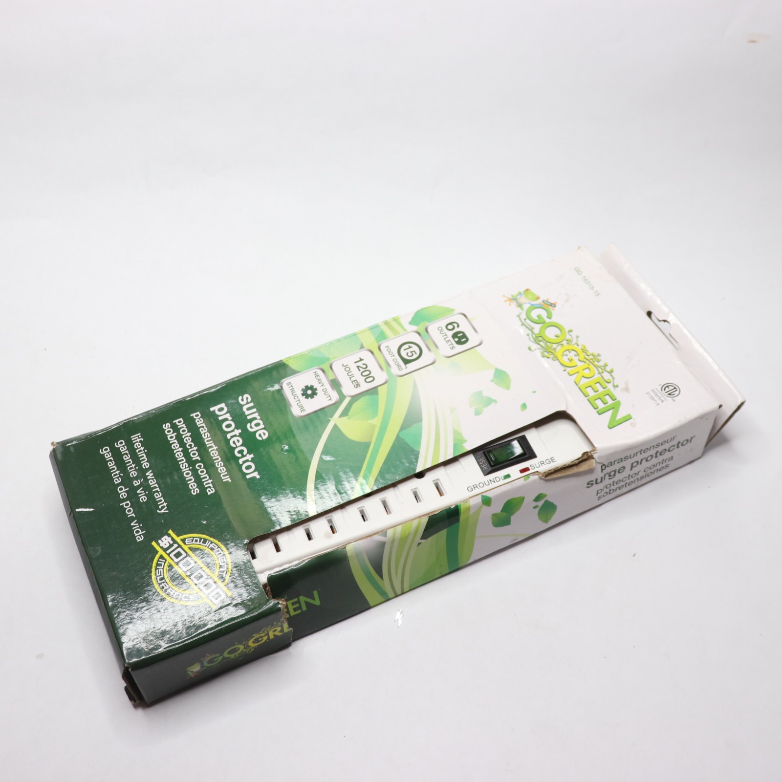 Go Green Power Surge Protector White 6-Outlet 1200 Joules 15A 125V 15-ft Cord