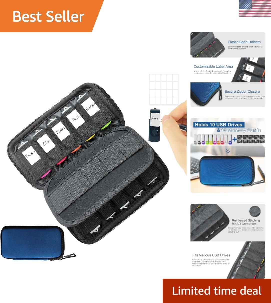Stylish USB Flash Drive Case with 10 USB & 10 Card Slots - Zippered Blue Holder
